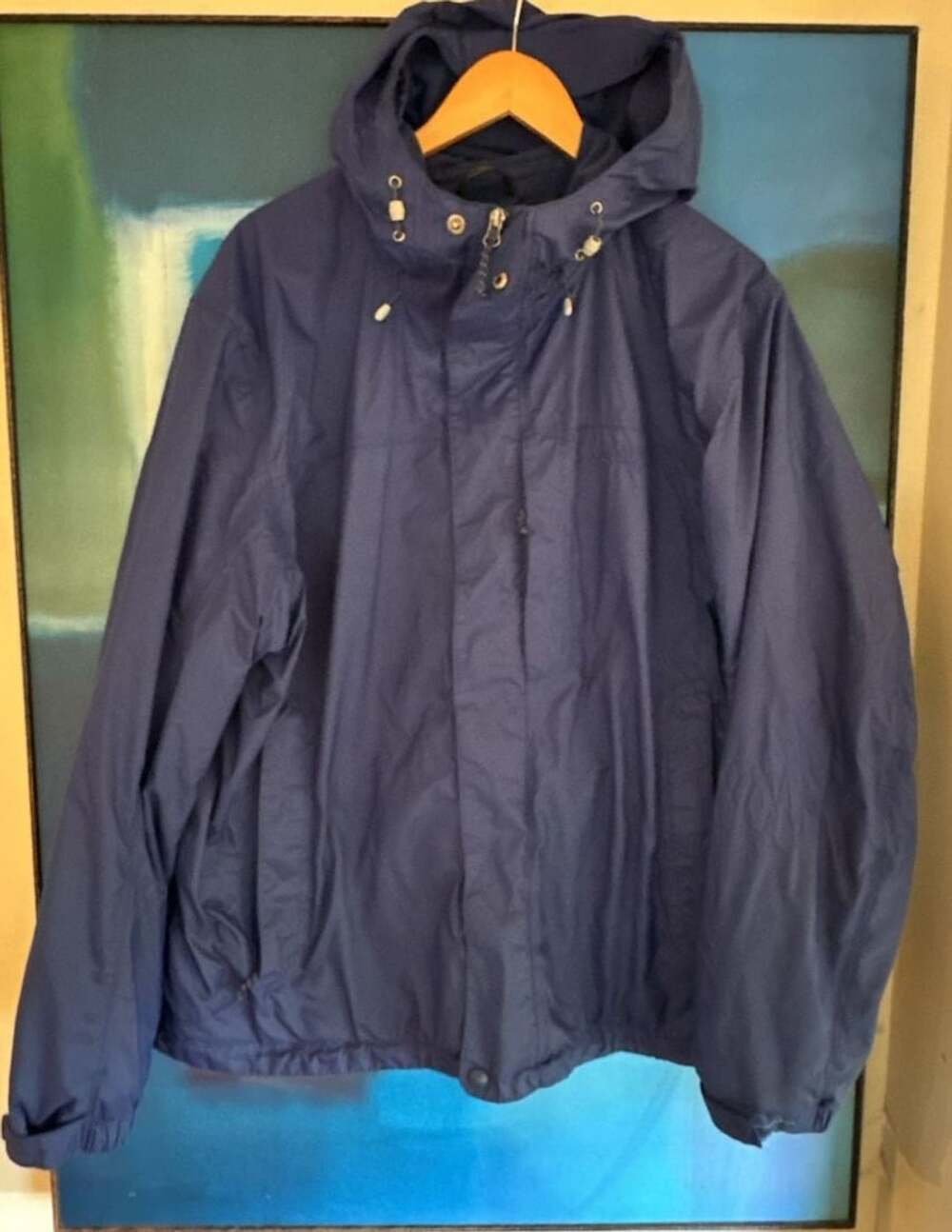 LL Bean Hooded Rain Jacket Blue Fleece Lined